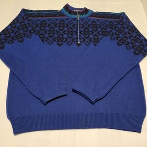 Vtg Demetre Royal Blue 3/4 Zip-Up Ski Sweater with Black Geometric Design Size L